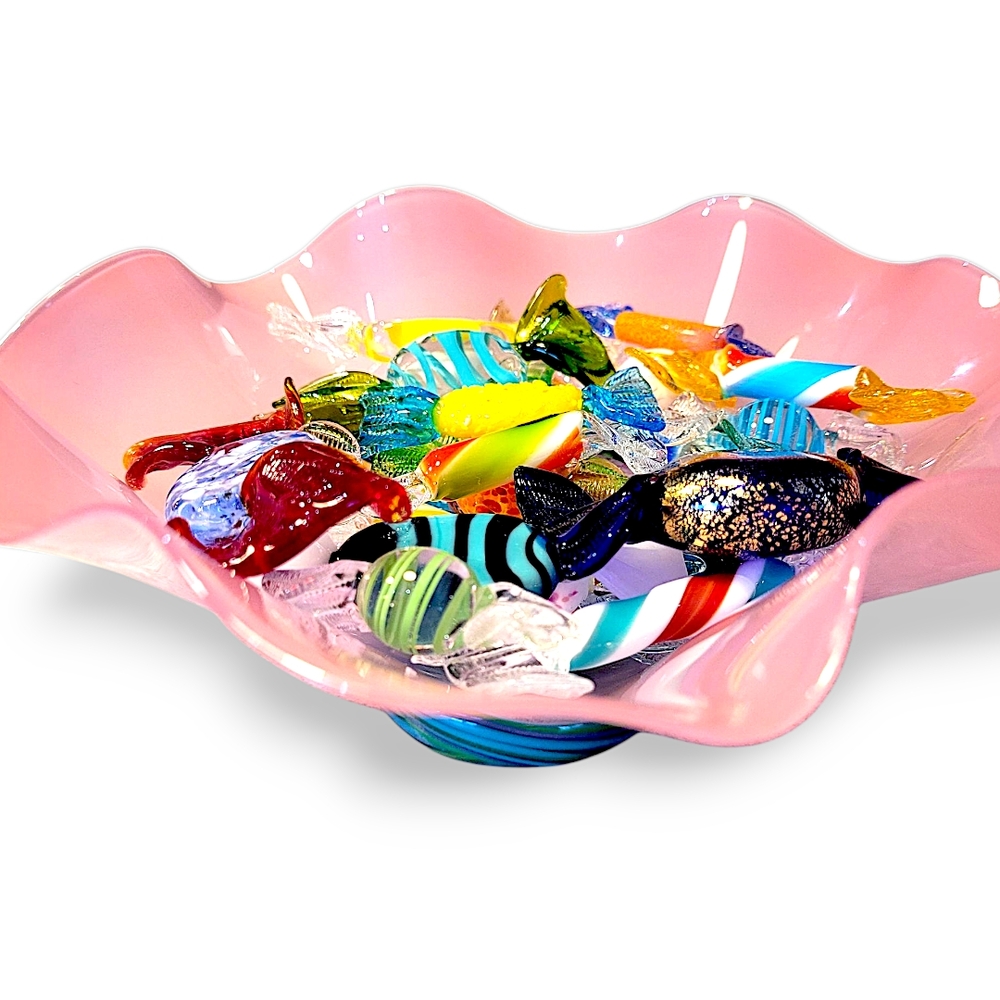 Shirley Elford Signed Pink Art Glass Bowl w/ Blown Glass Candies